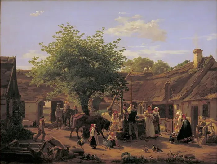 Framed Print : Daily life on a Zealand farm, noon, 1852. Creator: Peter Julius Larsen Framed Print : Daily life on a Zealand farm, noon, 1852. Creator: Peter Julius Larsen