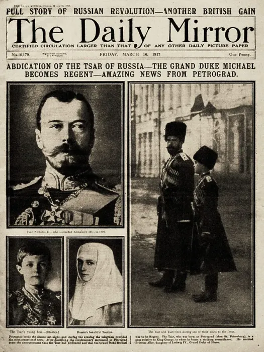 Framed Print : The Daily Mirror Front Page from March 16th, 1917: Abdication of the Tsar of Russia... 1917. Creator: Historic Object Framed Print : The Daily Mirror Front Page from March 16th, 1917: Abdication of the Tsar of Russia... 1917. Creator: Historic Object