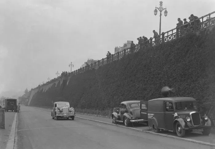 Framed Print : Daimler of CM Simpson and a Morris loudspeaker van on Madeira Drive, Brighton, RAC Rally, 1939 Framed Print : Daimler of CM Simpson and a Morris loudspeaker van on Madeira Drive, Brighton, RAC Rally, 1939