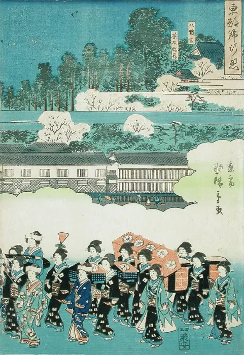 Framed Print : The Daimyo's Ladies Procession at Eastern Capitol: Hachimangu Shrine and Chaki-Inari Shrine, 1845. Creator: Ando Hiroshige Framed Print : The Daimyo's Ladies Procession at Eastern Capitol: Hachimangu Shrine and Chaki-Inari Shrine, 1845. Creator: Ando Hiroshige