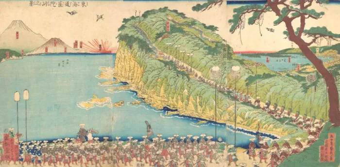 Framed Print : Daimyos Processions Passing along the Tokaido, 19th century. Creator: Sadahide Utagawa