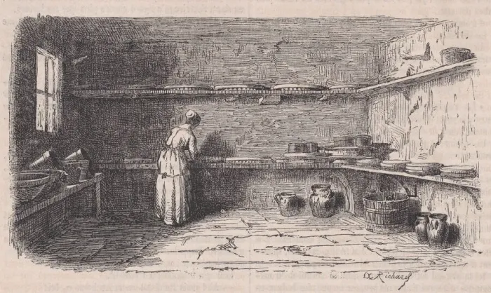Framed Print : A Dairy, from Le Magasin Pittoresque, ca. 1852. Creator: Charles Tamisier Framed Print : A Dairy, from Le Magasin Pittoresque, ca. 1852. Creator: Charles Tamisier