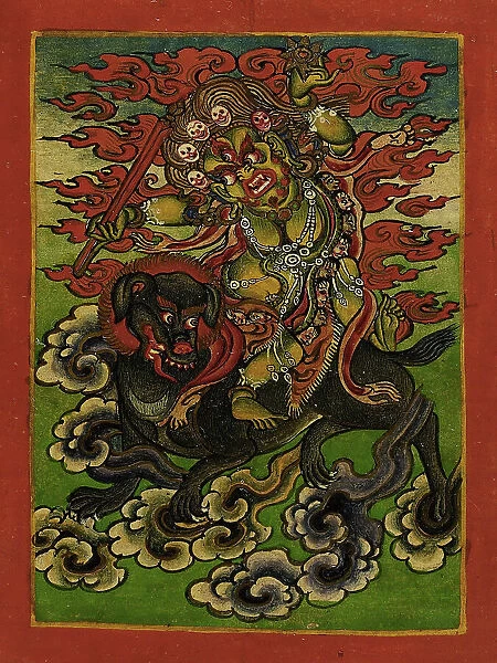 Dakini on a Gray Dog, Nyingmapa Buddhist or Bon Ritual Card, 18th-19th century. Creator: Unknown