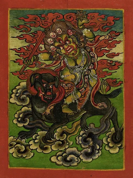 Framed Print : Dakini on a Gray Dog, Nyingmapa Buddhist or Bon Ritual Card, 18th-19th century. Creator: Unknown Framed Print : Dakini on a Gray Dog, Nyingmapa Buddhist or Bon Ritual Card, 18th-19th century. Creator: Unknown