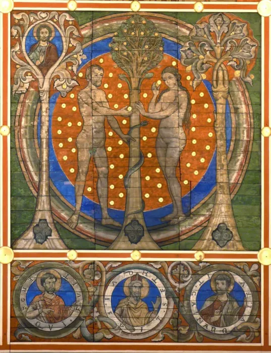 Framed Print : dam and Eve. Detail of the painted wooden ceiling of the St. Michaels Church, Hildesheim, ca 1230. Artist: Master of Lower Saxony (active ca. 1230) Framed Print : dam and Eve. Detail of the painted wooden ceiling of the St. Michaels Church, Hildesheim, ca 1230. Artist: Master of Lower Saxony (active ca. 1230)