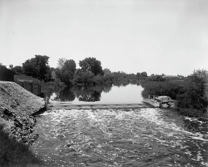 Framed Print : Dam on the Pine River, Alma, Mich. between 1895 and 1910. Creator: Unknown Framed Print : Dam on the Pine River, Alma, Mich. between 1895 and 1910. Creator: Unknown