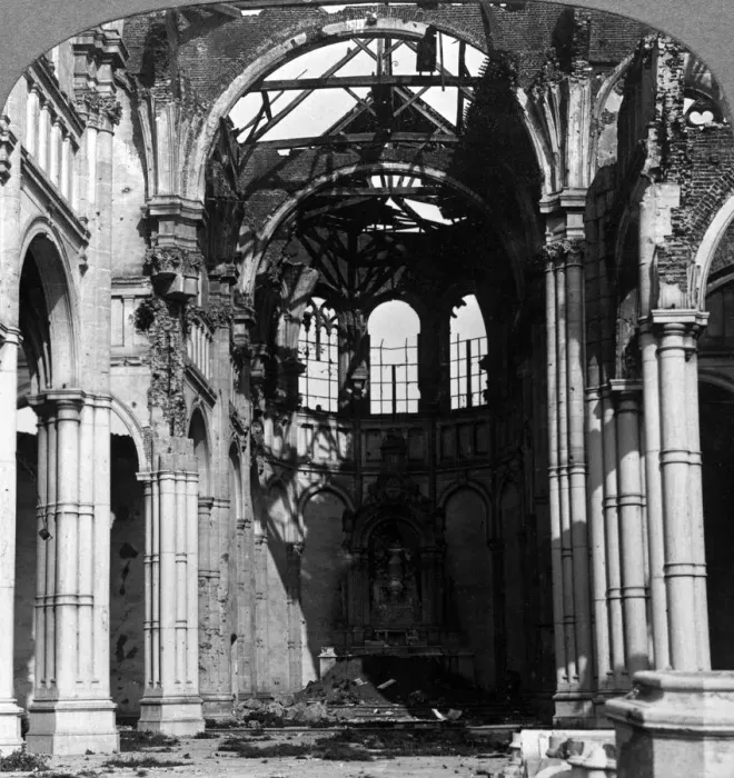 Framed Print : Damage to the Church of Notre Dame, Armentieres, France, World War I, 1918. Artist: Realistic Travels Publishers Framed Print : Damage to the Church of Notre Dame, Armentieres, France, World War I, 1918. Artist: Realistic Travels Publishers