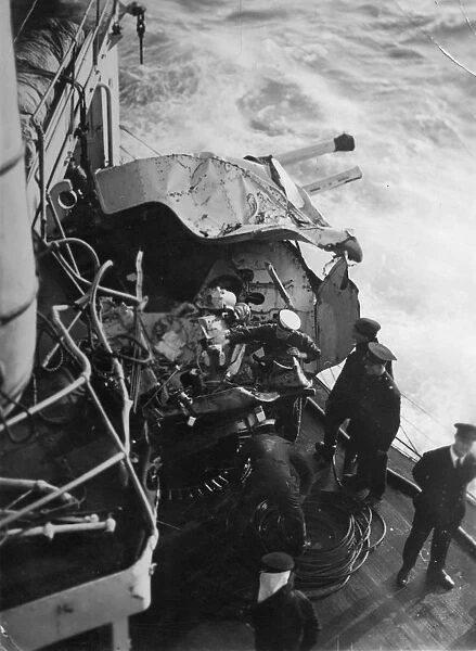 Damaged anti-aircraft gun on the British battleship HMS Malaya, off the coast of Portugal, 1937