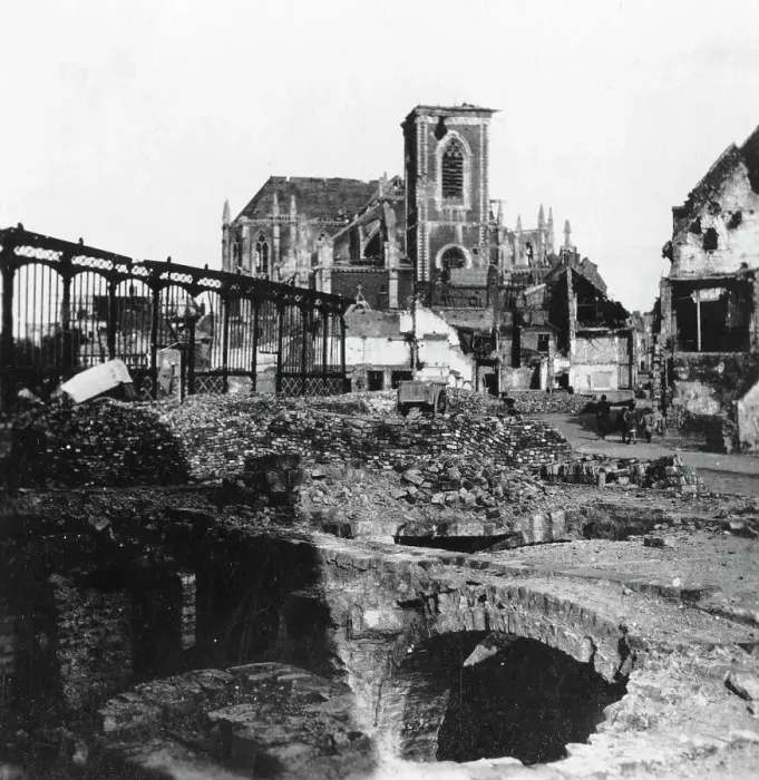 Framed Print : Damaged exterior of the Church of St Vst, Armentieres, France, World War I, c1914-c1918 Artist: Nightingale & Co Framed Print : Damaged exterior of the Church of St Vst, Armentieres, France, World War I, c1914-c1918 Artist: Nightingale & Co