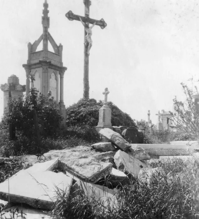 Framed Print : Damaged graves, old communal cemetery, Ypres, Belgium, World War I, c1914-c1918. Artist: Nightingale & Co Framed Print : Damaged graves, old communal cemetery, Ypres, Belgium, World War I, c1914-c1918. Artist: Nightingale & Co