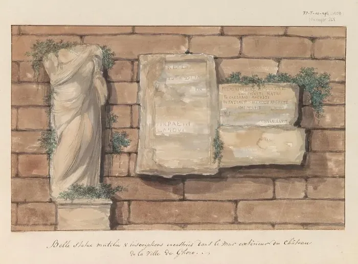 Framed Print : Damaged image and inscriptions bricked into wall of castle in the city of Gozo, 1778. Creator: Louis Ducros Framed Print : Damaged image and inscriptions bricked into wall of castle in the city of Gozo, 1778. Creator: Louis Ducros