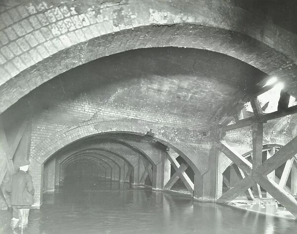 Damaged interior of the underground reservoir, Beckton Sewage Works, London, 1938