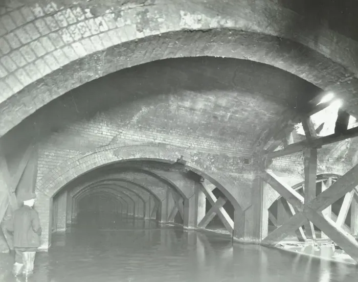 Framed Print : Damaged interior of the underground reservoir, Beckton Sewage Works, London, 1938 Framed Print : Damaged interior of the underground reservoir, Beckton Sewage Works, London, 1938