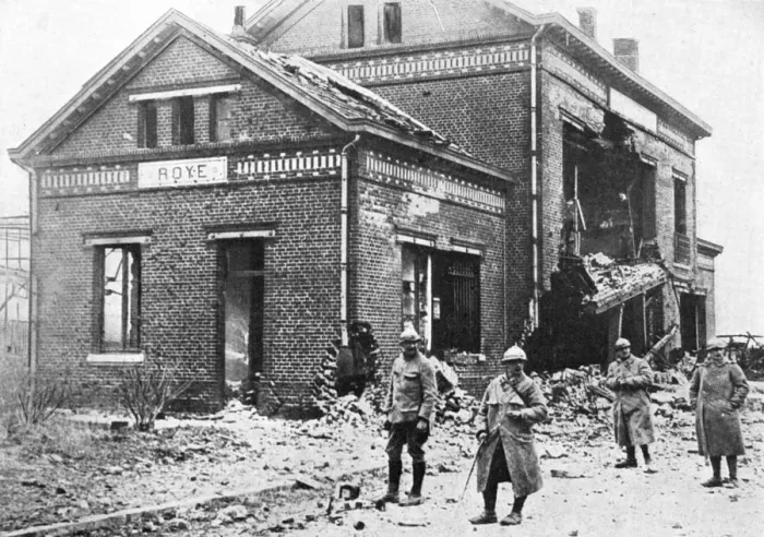 Framed Print : Damaged railway station at Roye, France, First World War, 1918, (c1920) Framed Print : Damaged railway station at Roye, France, First World War, 1918, (c1920)