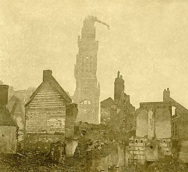 Damaged spire of Notre-Dame de Brebieres, Albert, northern France, c1915-c1918