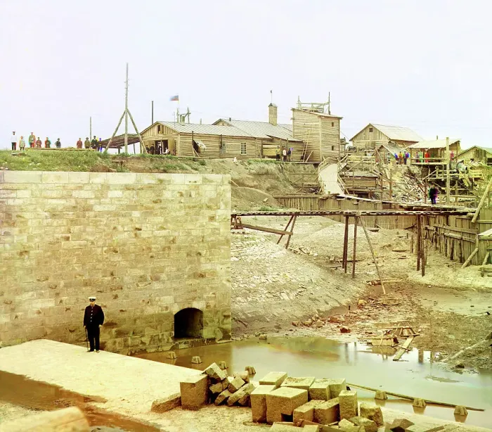 Framed Print : Dam's slender abutment and part of the finished sill, Beloomut, 1912. Creator: Sergey Mikhaylovich Prokudin-Gorsky Framed Print : Dam's slender abutment and part of the finished sill, Beloomut, 1912. Creator: Sergey Mikhaylovich Prokudin-Gorsky