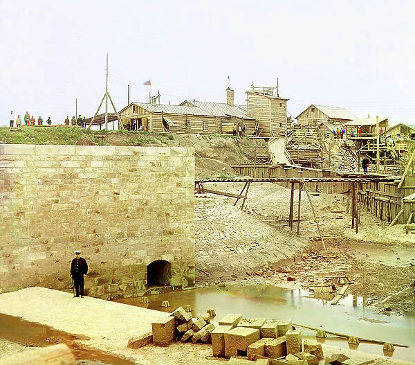 Dam's slender abutment and part of the finished sill, Beloomut, 1912. Creator: Sergey Mikhaylovich Prokudin-Gorsky