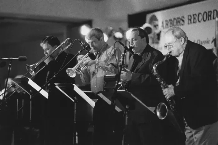 Framed Print : Dan Barrett, Randy Sandke, Tommy Newsom, Ken Peplowski, The March of Jazz, Clearwater... 2000. Creator: Brian Foskett