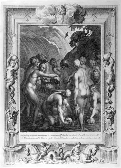 Framed Print : The Danaides condemned to fill bored vessels with water, 1733. Artist: Bernard Picart Framed Print : The Danaides condemned to fill bored vessels with water, 1733. Artist: Bernard Picart