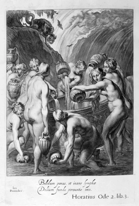 Framed Print : The Danaides condemned to fill bored vessels with water, 1655. Artist: Michel de Marolles Framed Print : The Danaides condemned to fill bored vessels with water, 1655. Artist: Michel de Marolles