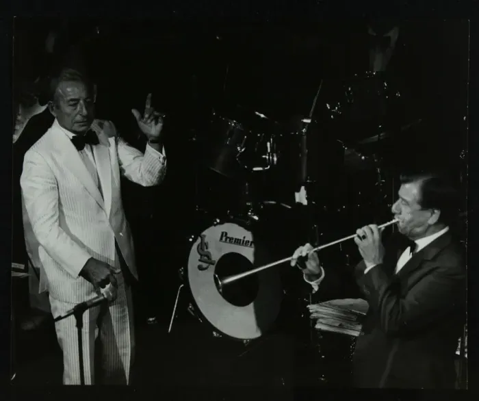 Framed Print : Dance band leader Joe Loss (left) on stage at the Forum Theatre, Hatfield, Hertfordshire, 1986 Framed Print : Dance band leader Joe Loss (left) on stage at the Forum Theatre, Hatfield, Hertfordshire, 1986