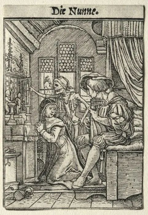 Framed Print : Dance of Death: The Nun. Creator: Hans Holbein (German, 1497 / 98-1543) Framed Print : Dance of Death: The Nun. Creator: Hans Holbein (German, 1497 / 98-1543)