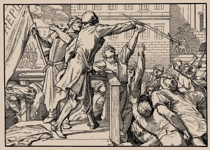 Framed Print : Also a Dance of Death, Sheet IV (Death hands the sword to the people), 1849 Framed Print : Also a Dance of Death, Sheet IV (Death hands the sword to the people), 1849