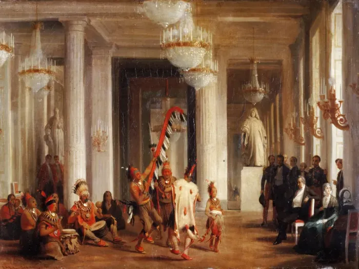 Framed Print : Dance by Iowa Indians in the Salon de la Paix at the Tuileries, Presented by the Painter George Catl Artist: Girardet, Karl (1813-1871) Framed Print : Dance by Iowa Indians in the Salon de la Paix at the Tuileries, Presented by the Painter George Catl Artist: Girardet, Karl (1813-1871)