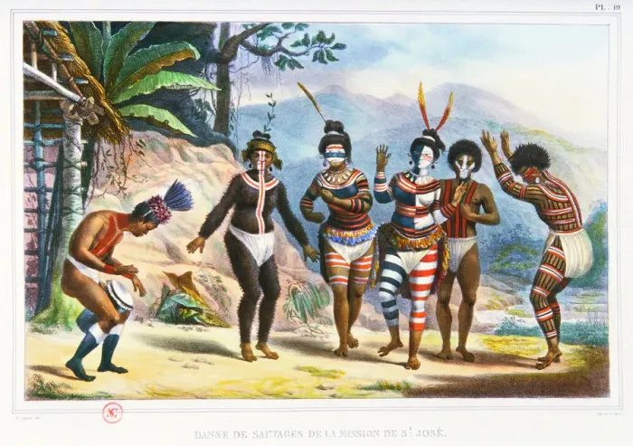 Framed Print : Dance at the mission of Sao Jose. Illustration from Voyage pittoresque et historique au Bresil