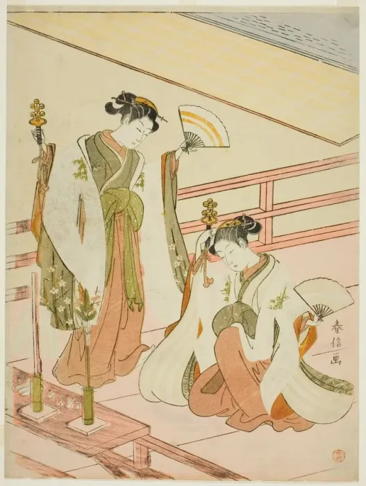 Framed Print : The Dance of the Shrine Maidens Ohatsu and Onami, c. 1769. Creator: Suzuki Harunobu Framed Print : The Dance of the Shrine Maidens Ohatsu and Onami, c. 1769. Creator: Suzuki Harunobu