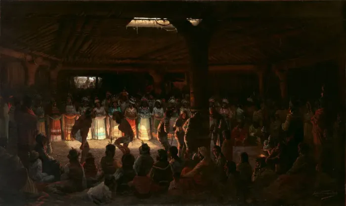 Framed Print : Dance in a Subterranean Roundhouse at Clear Lake, California, 1878. Creator: Jules Tavernier Framed Print : Dance in a Subterranean Roundhouse at Clear Lake, California, 1878. Creator: Jules Tavernier