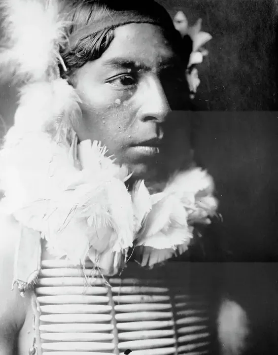 Framed Print : The Dancer, Crow Indian, head-and-shoulders portrait, facing right, c1905. Creator: Edward Sheriff Curtis Framed Print : The Dancer, Crow Indian, head-and-shoulders portrait, facing right, c1905. Creator: Edward Sheriff Curtis