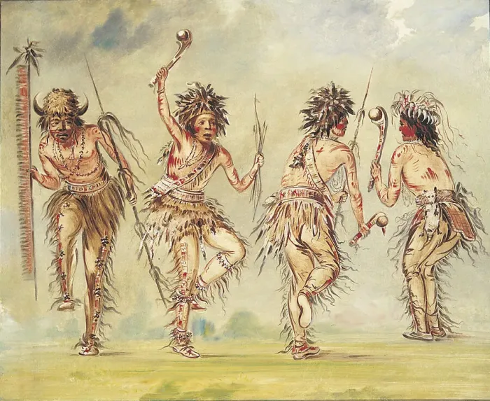 Framed Print : Four Dancers, 1843-1844. Creator: George Catlin Framed Print : Four Dancers, 1843-1844. Creator: George Catlin