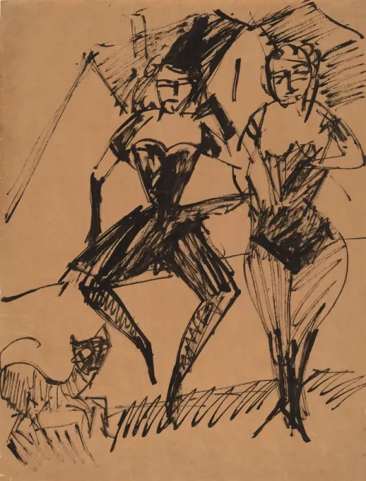 Framed Print : Two Dancers with a Cat, 1913. Creator: Ernst Kirchner Framed Print : Two Dancers with a Cat, 1913. Creator: Ernst Kirchner