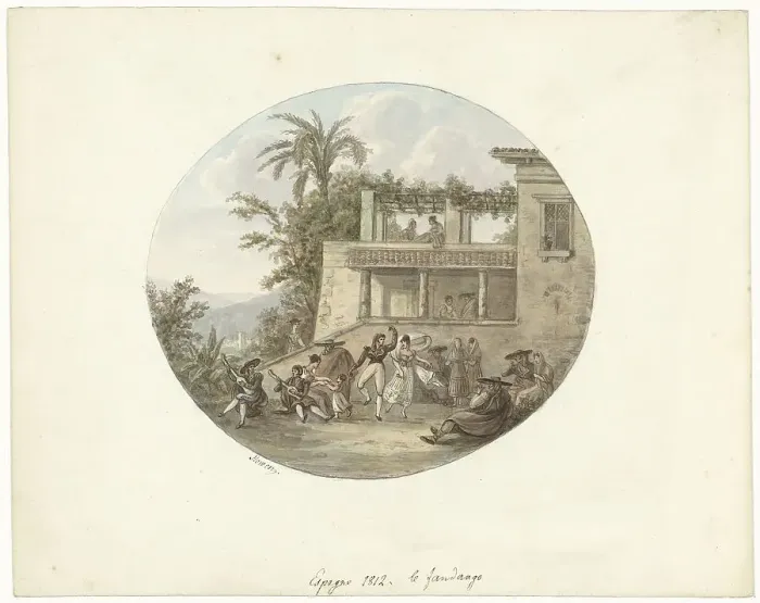Framed Print : Dancers on a terrace in front of an inn, 1812. Creator: Otto Baron Howen Framed Print : Dancers on a terrace in front of an inn, 1812. Creator: Otto Baron Howen