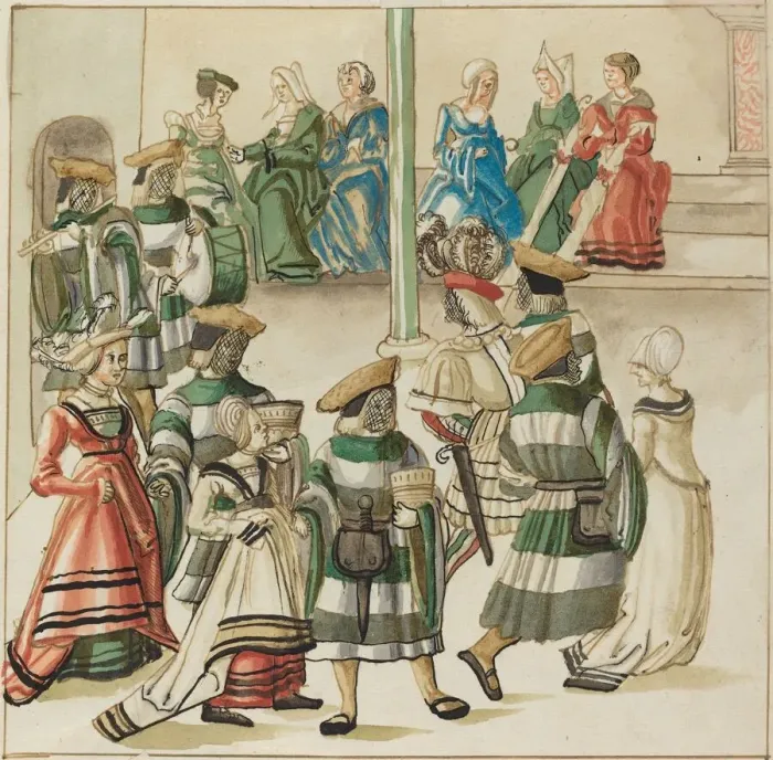 Framed Print : Three Dancing Couples Led by Two Knights in Room with Column, c. 1515. Creator: Unknown Framed Print : Three Dancing Couples Led by Two Knights in Room with Column, c. 1515. Creator: Unknown