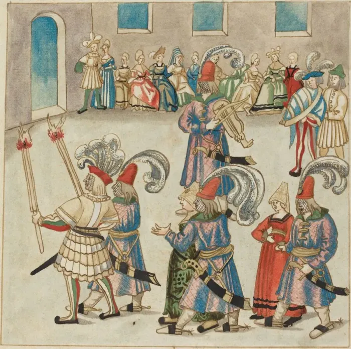 Framed Print : Two Dancing Couples Led by Torch-bearing Knights, c. 1515. Creator: Unknown Framed Print : Two Dancing Couples Led by Torch-bearing Knights, c. 1515. Creator: Unknown