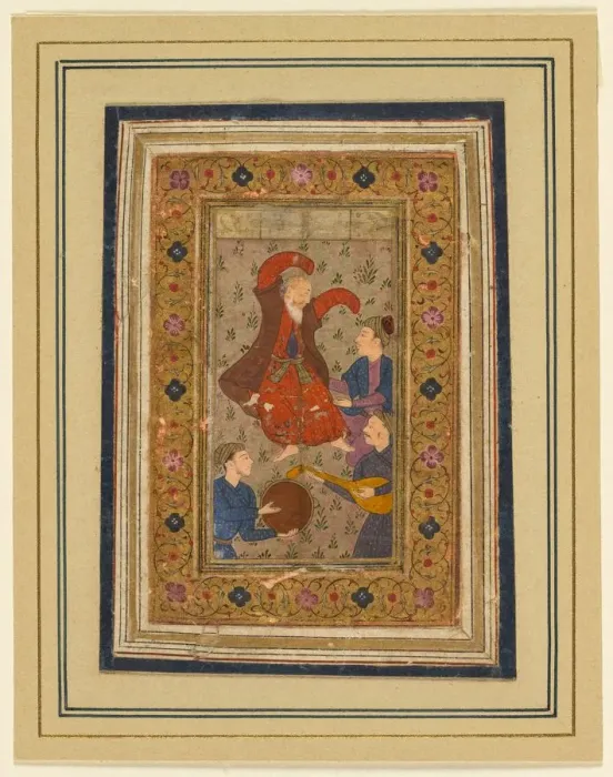 Framed Print : A dancing dervish and three musicians…(Persian, 1555-1591), 1637. Creator: Unknown Framed Print : A dancing dervish and three musicians…(Persian, 1555-1591), 1637. Creator: Unknown
