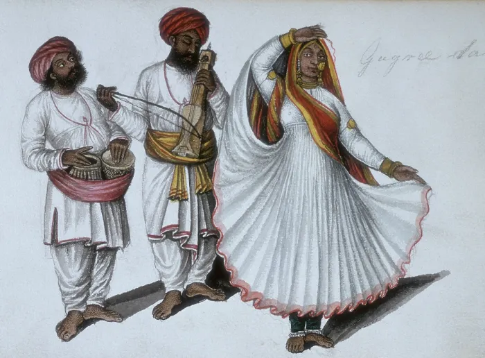 Framed Print : A dancing girl performing the gagri dance with two musicians, 1856. Creator: Unknown. A dancing girl performing the gagri dance with two musicians, 1856 Framed Print : A dancing girl performing the gagri dance with two musicians, 1856. Creator: Unknown. A dancing girl performing the gagri dance with two musicians, 1856