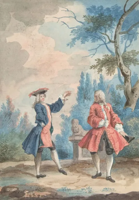 Framed Print : Two dancing male figures in a landscape, 18th century. Creator: Anon Framed Print : Two dancing male figures in a landscape, 18th century. Creator: Anon