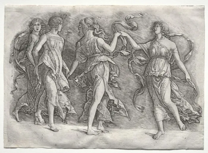 Framed Print : Four Dancing Muses, c. 1497. Creator: the so-called Premier Engraver (Italian), probably Framed Print : Four Dancing Muses, c. 1497. Creator: the so-called Premier Engraver (Italian), probably