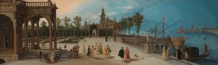 Framed Print : Dancing Party in the Forecourt of an Imaginary Palace with a Capriccio View of Venice in the Distanc Creator: Anon Framed Print : Dancing Party in the Forecourt of an Imaginary Palace with a Capriccio View of Venice in the Distanc Creator: Anon