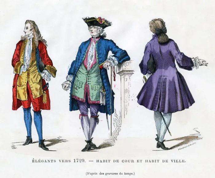 Framed Print : Dandy of c1729, court dress and town dress, (1882-1884). Artist: Tamisier Framed Print : Dandy of c1729, court dress and town dress, (1882-1884). Artist: Tamisier