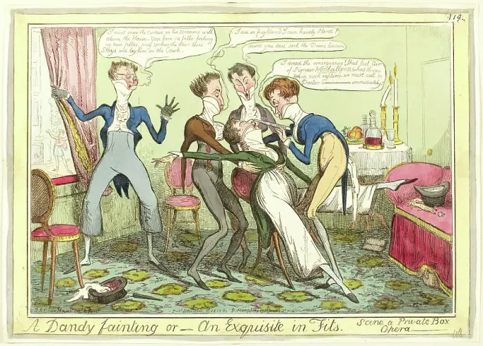 Framed Print : A Dandy Fainting, published December 11, 1818. Creator: Isaac Robert Cruikshank Framed Print : A Dandy Fainting, published December 11, 1818. Creator: Isaac Robert Cruikshank