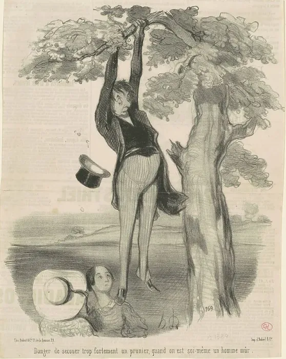 Framed Print : Danger de secouer trop fortement... Un prunier, 19th century. Creator: Honore Daumier Framed Print : Danger de secouer trop fortement... Un prunier, 19th century. Creator: Honore Daumier