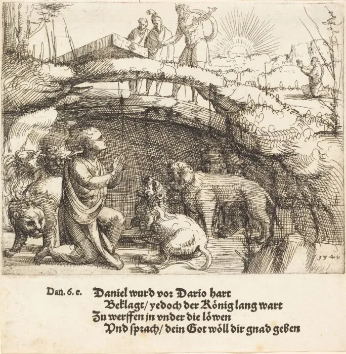 Framed Print : Daniel in the Lions Den, 1549. Creator: Augustin Hirschvogel Framed Print : Daniel in the Lions Den, 1549. Creator: Augustin Hirschvogel