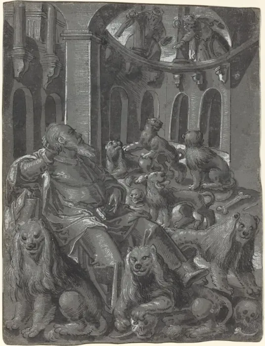 Framed Print : Daniel in the Lions Den [recto], c. 1600. Creator: Unknown