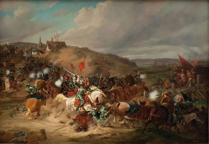 Framed Print : Daniel Rantzau fighting Tureby Bro in Skåne during the Seven Years War, 1563-1570, (1837-1838). Creator: Christian Frederik Carl Holm Framed Print : Daniel Rantzau fighting Tureby Bro in Skåne during the Seven Years War, 1563-1570, (1837-1838). Creator: Christian Frederik Carl Holm