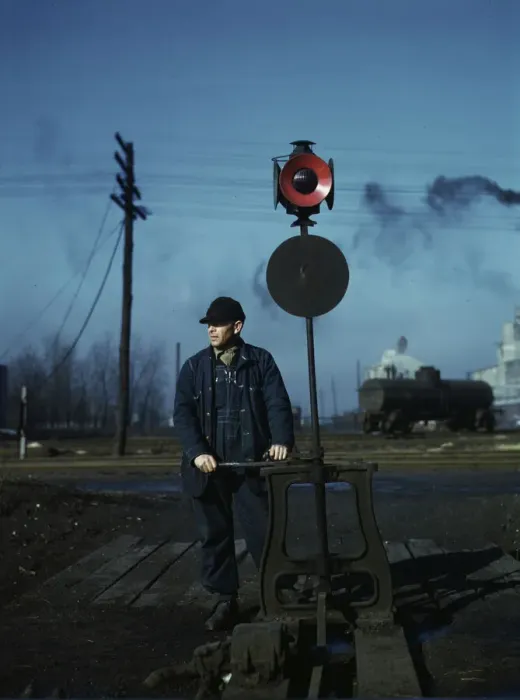 Framed Print : Daniel Senise throwing a switch while at work in an Indiana Harbor Belt Line railroad yard, 1943. Creator: Jack Delano Framed Print : Daniel Senise throwing a switch while at work in an Indiana Harbor Belt Line railroad yard, 1943. Creator: Jack Delano