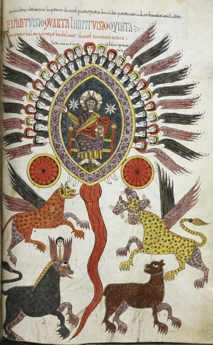 Framed Print : Daniel's vision of the four beasts from the sea and the Ancient of Days, 1109. Creator: Petrus. Daniel's vision of the four beasts from the sea and the Ancient of Days, 1109. Creator: Petrus Framed Print : Daniel's vision of the four beasts from the sea and the Ancient of Days, 1109. Creator: Petrus. Daniel's vision of the four beasts from the sea and the Ancient of Days, 1109. Creator: Petrus